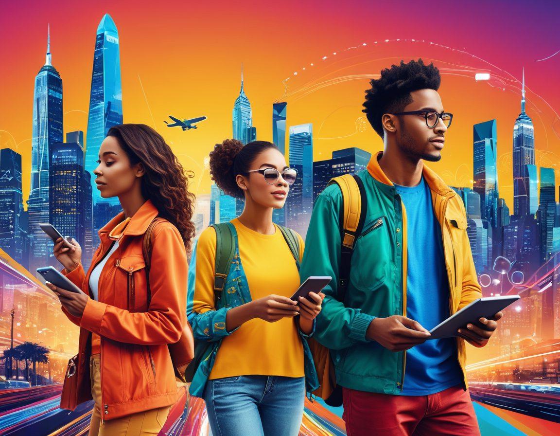 A vibrant digital collage showcasing diverse people connecting through technology, exchanging ideas and experiences. Include social media icons and trendy lifestyle elements like fashion, travel, and entertainment. Use bright colors to convey energy and excitement, with a stylized city skyline in the background. Illustrate a sense of community and discovery. vector art. vibrant colors.