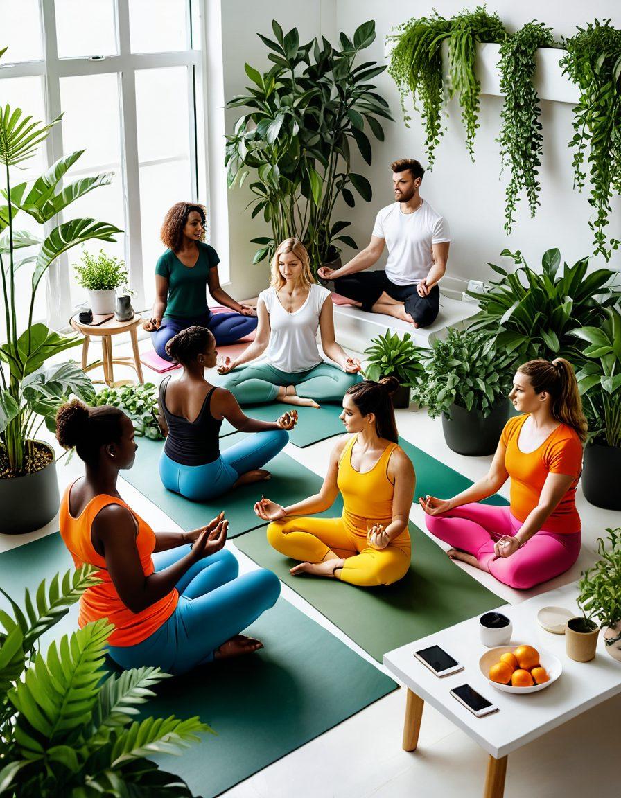 A dynamic and colorful illustration showcasing diverse individuals engaged in various lifestyle activities such as yoga, cooking, and fashion styling, surrounded by modern gadgets and greenery, symbolizing community and innovation. Bright, inviting colors highlighting the vibrancy of life and connection. super-realistic. vibrant colors. white background.