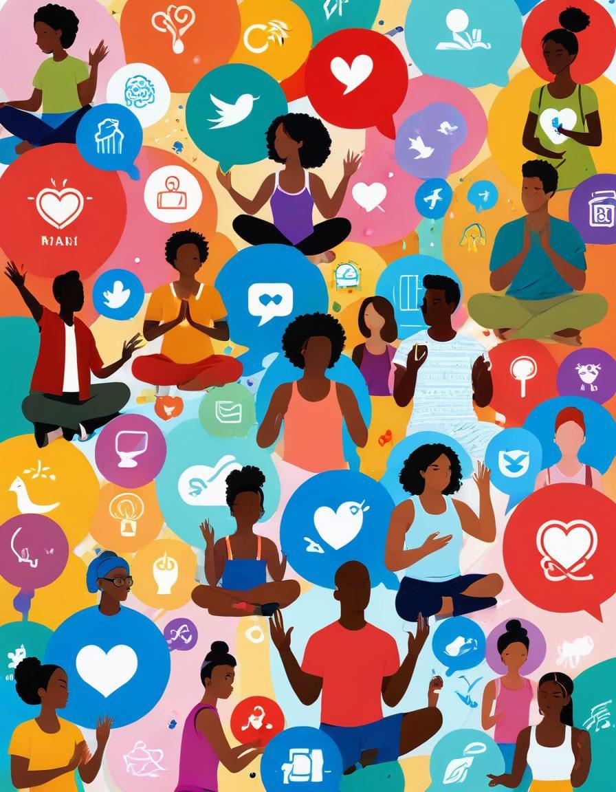 A vibrant digital collage featuring diverse people engaging in various lifestyle activities like cooking, exercising, and meditating, surrounded by symbols of community such as chat bubbles and heart icons. The background showcases a lively, abstract representation of an online platform, integrating elements like social media icons and interconnected nodes. Bright, engaging colors to evoke a sense of community and energy. super-realistic. vibrant colors. 3D.